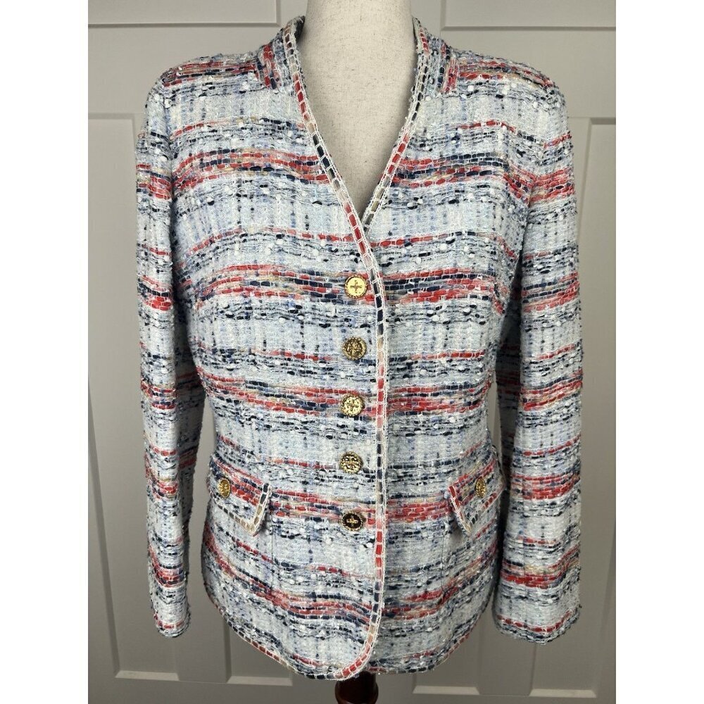 Weill Paris Tweed Boucle Jacket NWOT US 12 Gold Crest Buttons French Designer